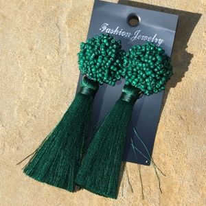 New! Large Green Boho Earrings Post Drop Tassels